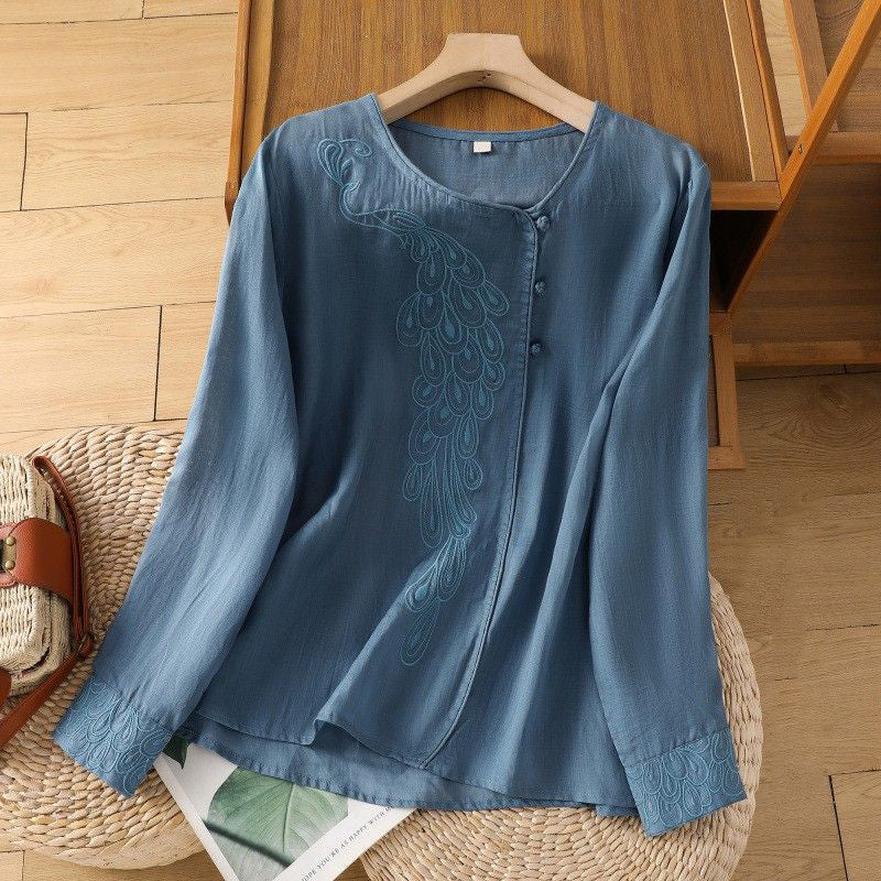 M-2XL チャイナ風 刺繍 ゆったり 体型カバー スルーシーズン きれいめ 長袖 シャツ M ピンク