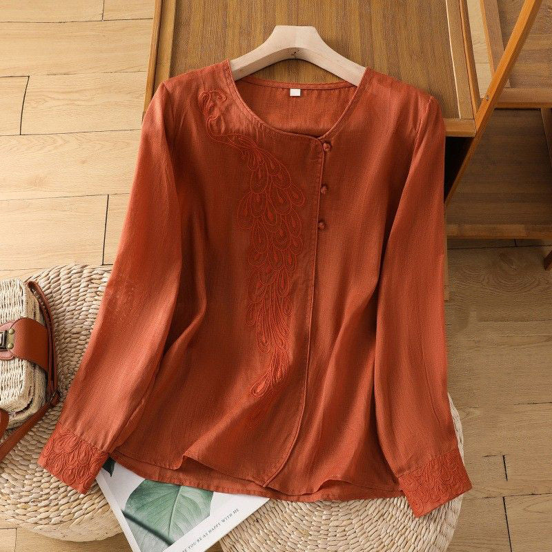 M-2XL チャイナ風 刺繍 ゆったり 体型カバー スルーシーズン きれいめ 長袖 シャツ M ピンク