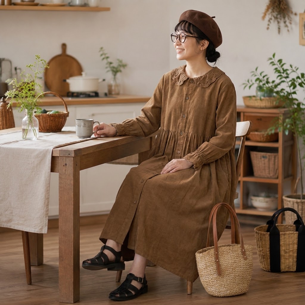 L-4XL 新作発売！ フリル袖 柔らかい 長袖 無地 レトロ 森ガールワンピース L ベージュ