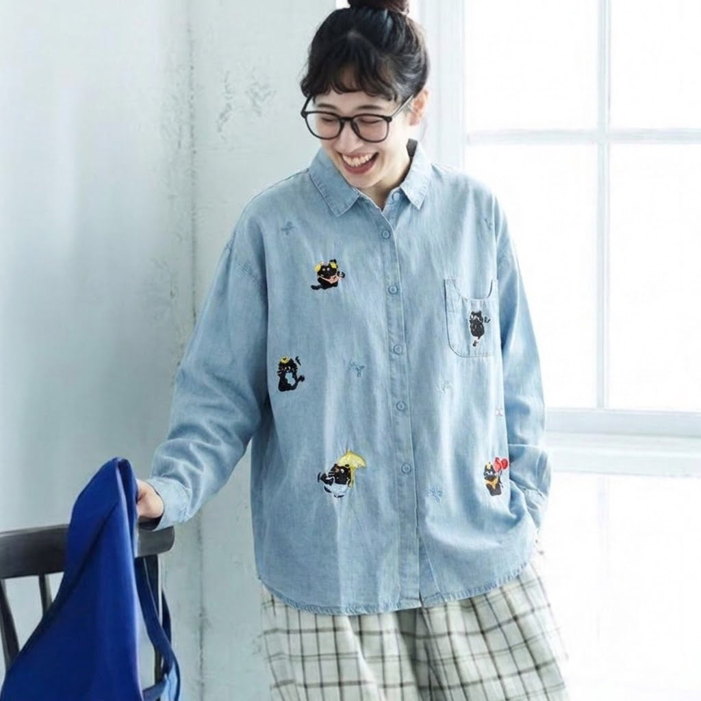 動物柄 刺繍 森ガール 折り襟 シングルブレスト 長袖 シャツ フリー 写真と同じ