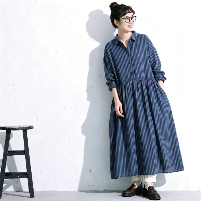 M-2XL ストライプ柄 エーライン シーズン移行向け 長袖 ワンピース M ブルー