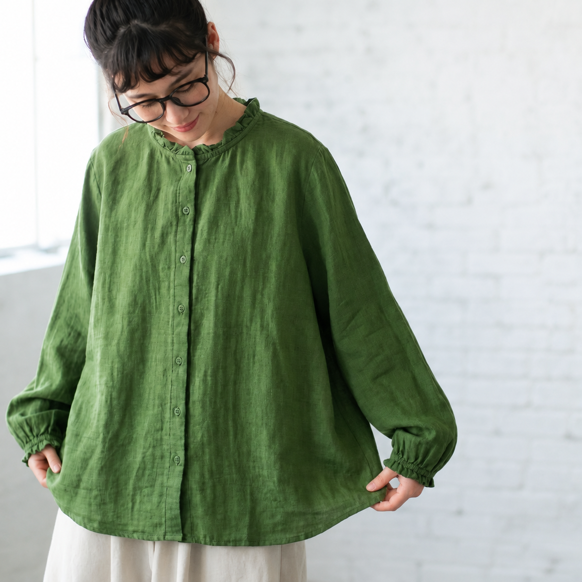 M-L 抜け感たっぷり 大人のダブルガーゼブラウス M グリーン