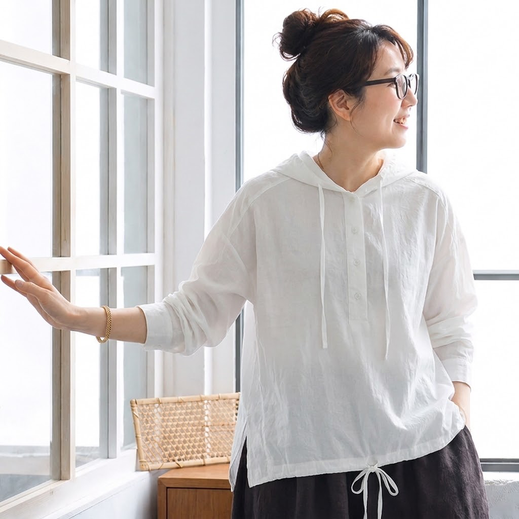 【ナチュラル】M-2XL  テクスチャ 無地 カジュアル 長袖トップス 2XL アイボリー