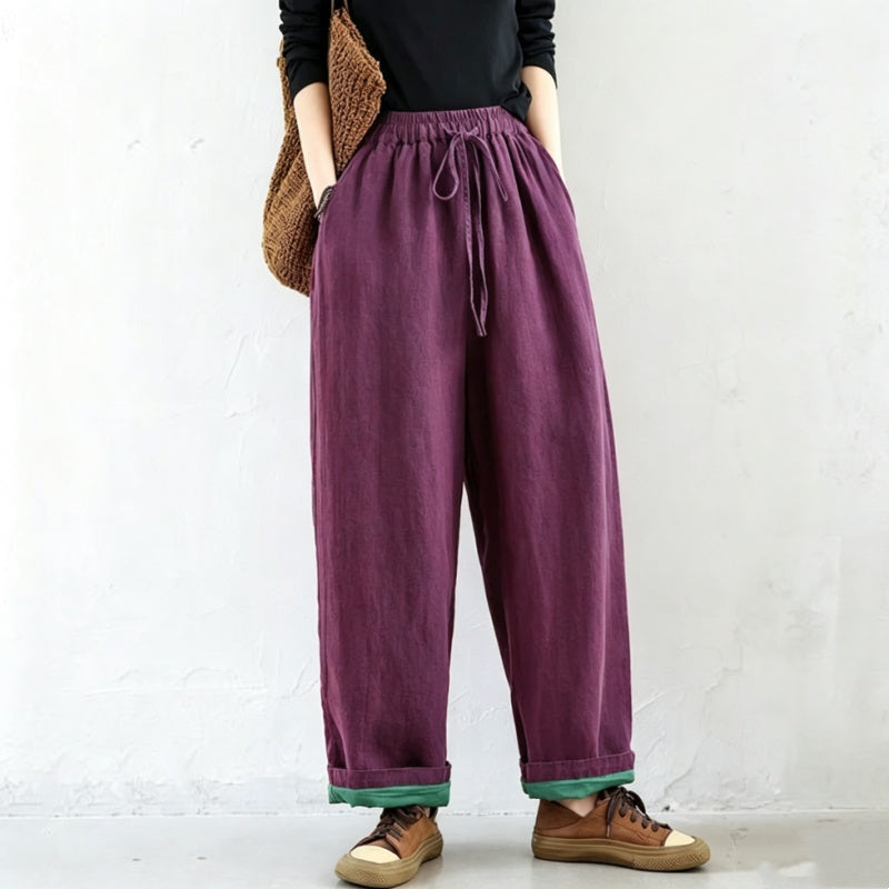 M-2XL 綿麻 ナチュラル 配色 カジュアルパンツ M ブラック