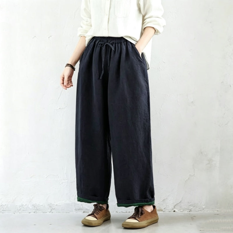 M-2XL 綿麻 ナチュラル 配色 カジュアルパンツ M ブラック