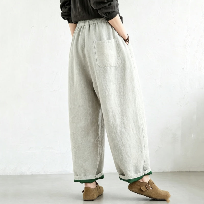 M-2XL 綿麻 ナチュラル 配色 カジュアルパンツ M ブラック