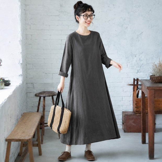 L-3XL 厚み感 体型カバー ロング丈 長袖ワンピース L 写真通り