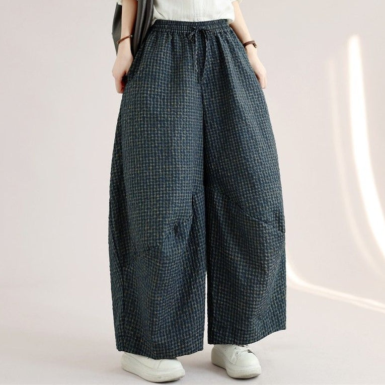 M-2XL 履き飽きない「新感覚」シンプル ナチュラル チェック柄 ガウチョパンツ M ダークブルー