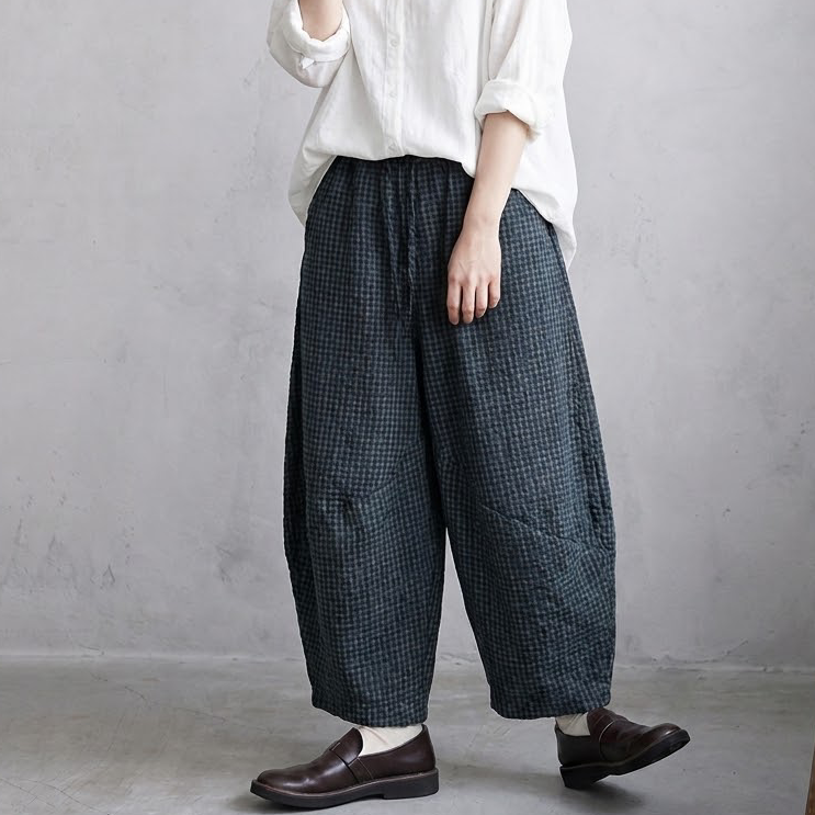 M-2XL 履き飽きない「新感覚」シンプル ナチュラル チェック柄 ガウチョパンツ M ダークブルー