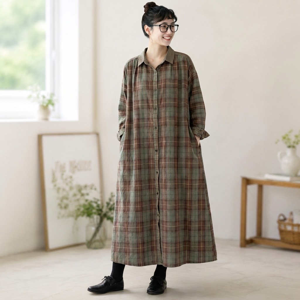 【コットン】L-2XL 長袖 ボタン 切り替え シャツ袖 チェック柄 シャツワンピース L 写真通り