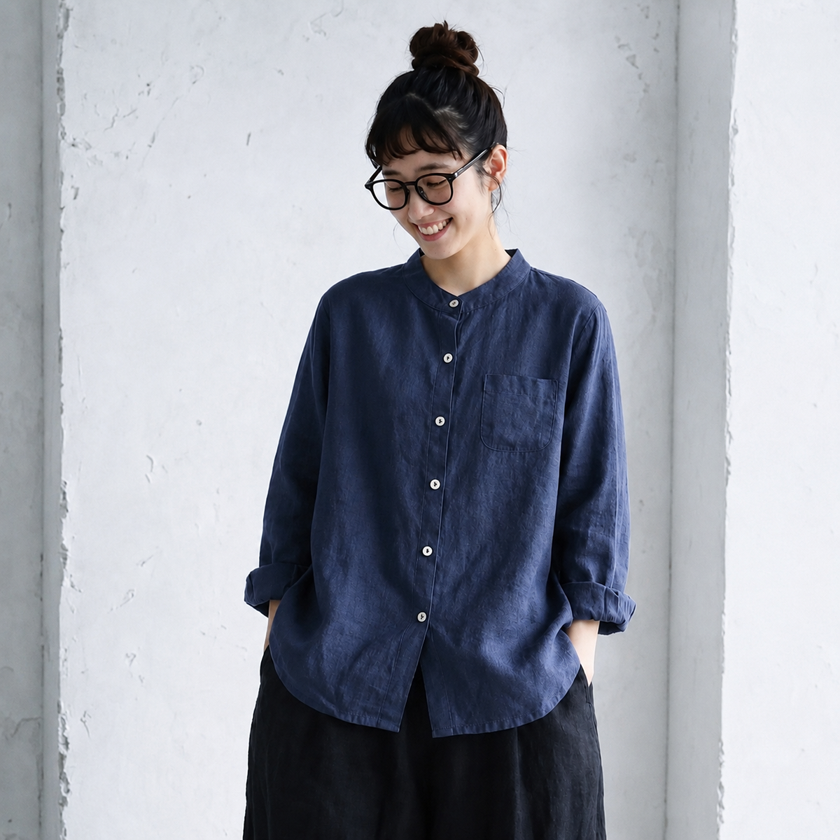 M-4XL 秋のひととき綿麻ブラウス 4XL ネイビー