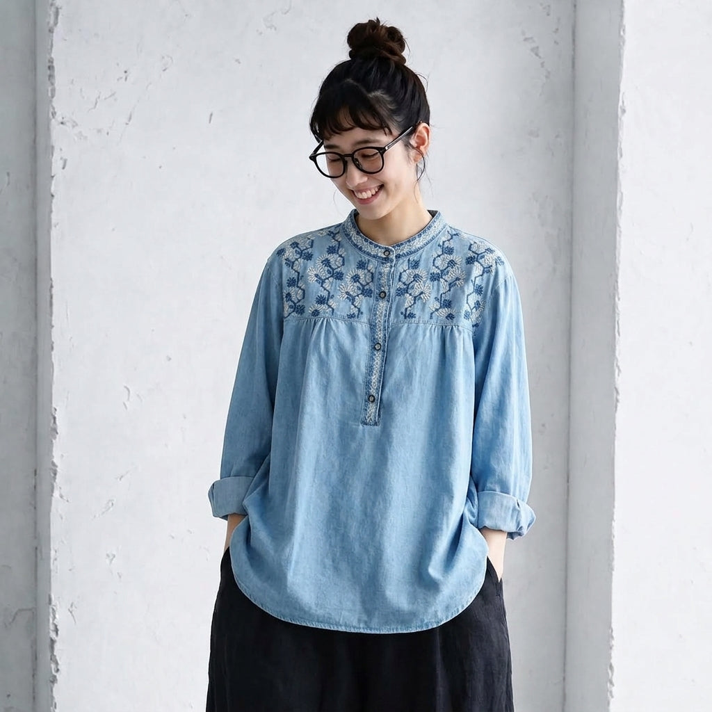 M-2XL コットン 花模様 ラウンドネック 刺繍 ノーマルスリーブ 長袖 シャツ M ライトブルー