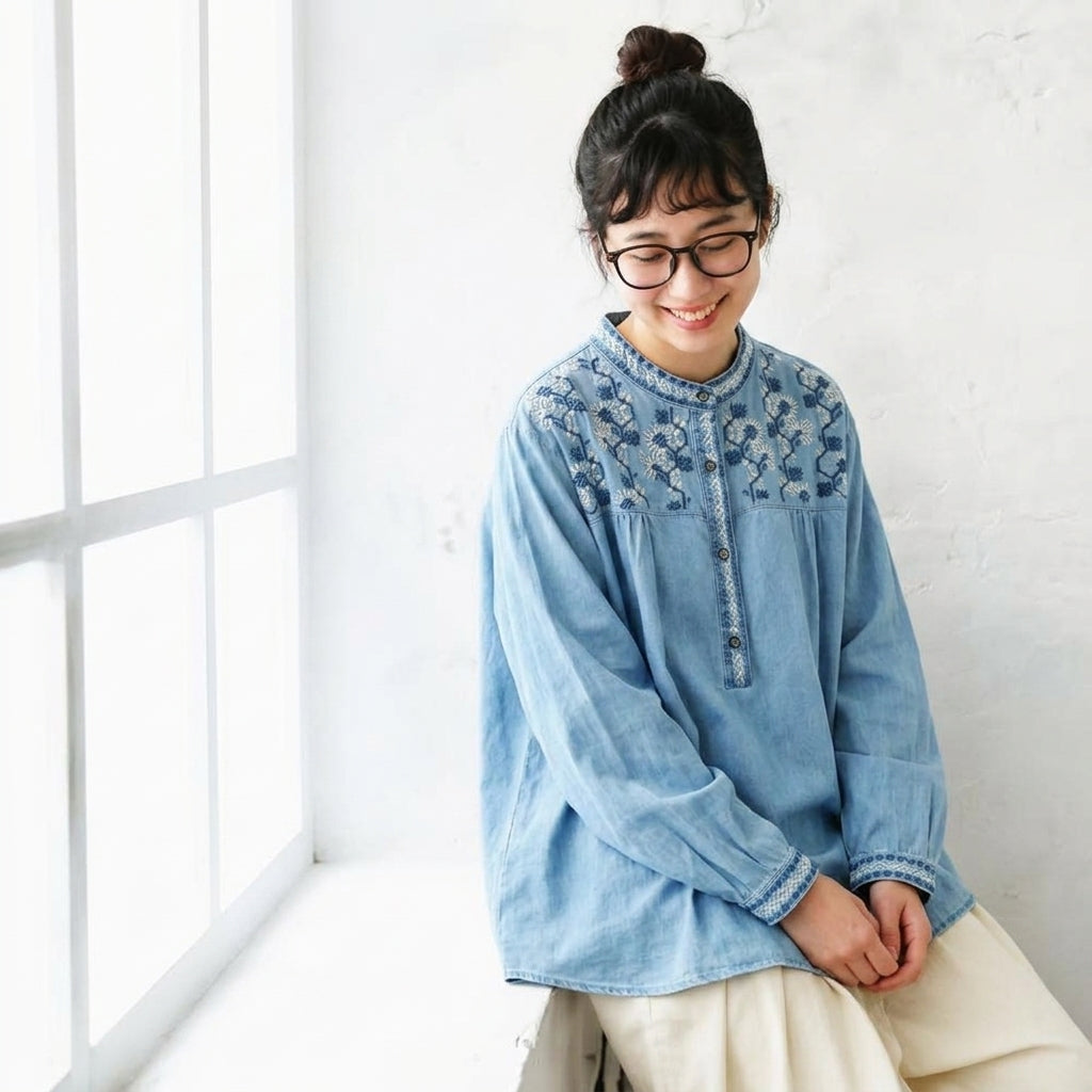 M-2XL コットン 花模様 ラウンドネック 刺繍 ノーマルスリーブ 長袖 シャツ M ライトブルー