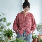 S-XL 綿麻 チェック柄 長袖 ランタンスリーブ ボタン レトロ シャツ S レッド