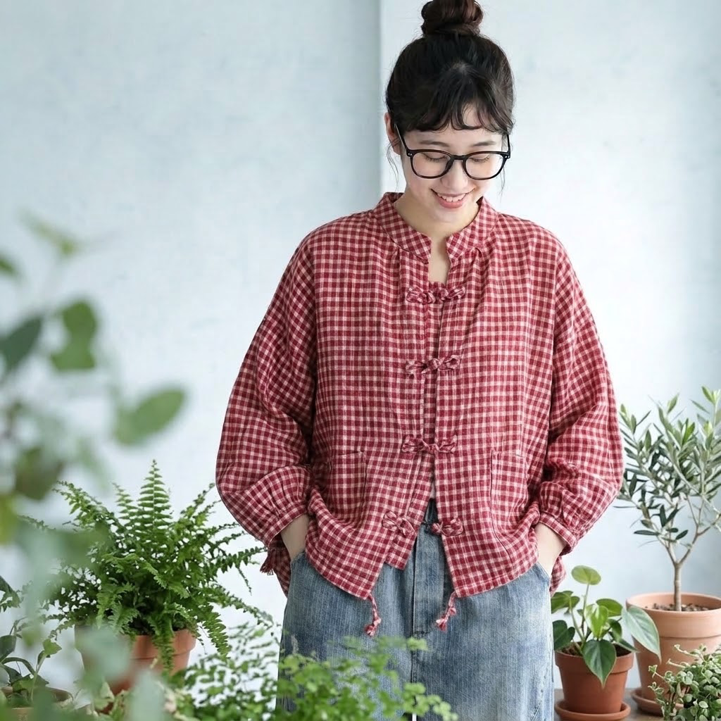 S-XL 綿麻 チェック柄 長袖 ランタンスリーブ ボタン レトロ シャツ S レッド