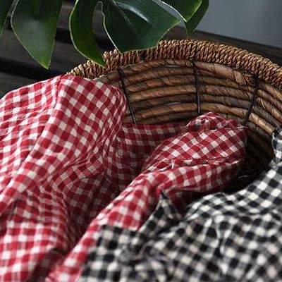 S-XL 綿麻 チェック柄 長袖 ランタンスリーブ ボタン レトロ シャツ S レッド