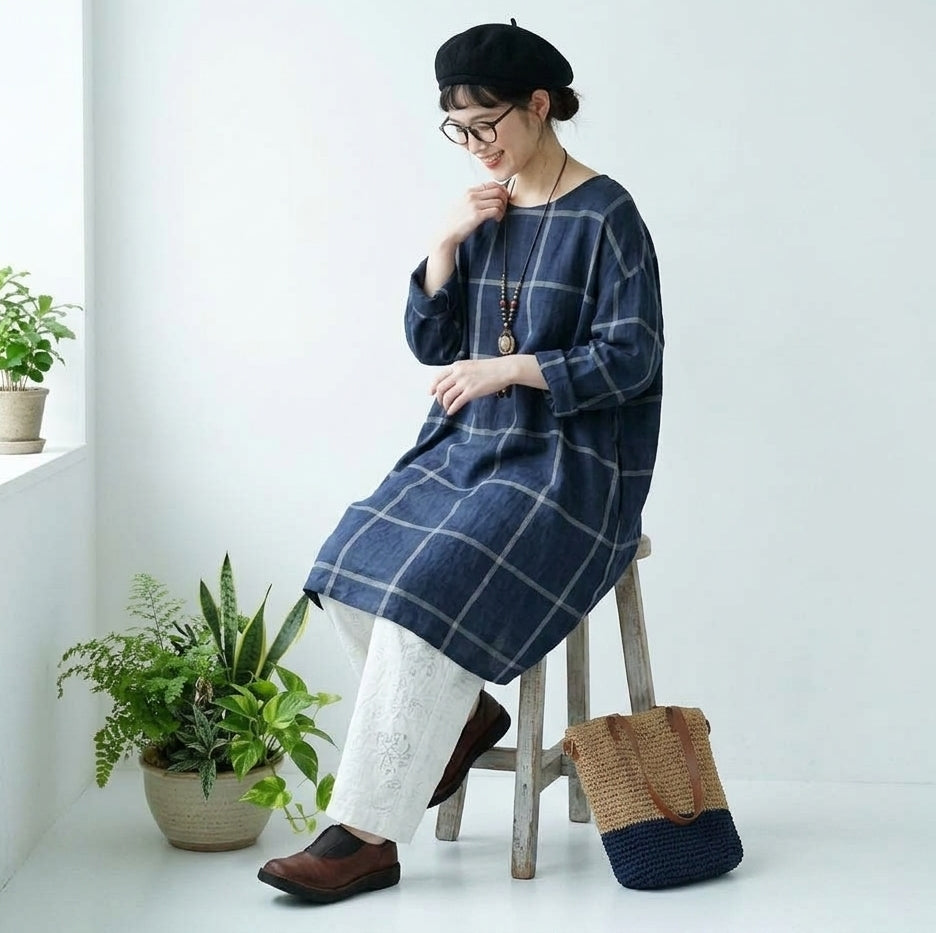 M-4XL コットン ポケット付き チェック柄  長袖ワンピース M ダークブルー
