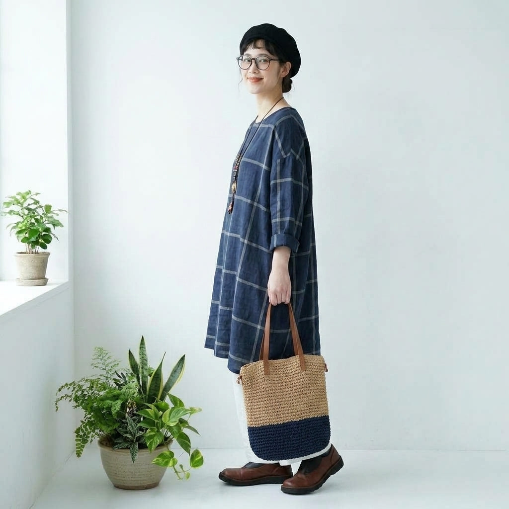 M-4XL コットン ポケット付き チェック柄  長袖ワンピース M ダークブルー
