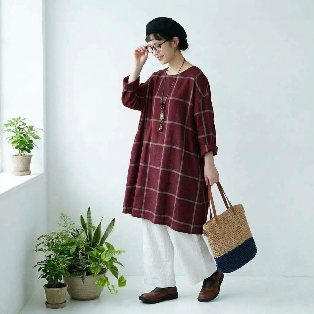 M-4XL コットン ポケット付き チェック柄  長袖ワンピース M ダークブルー