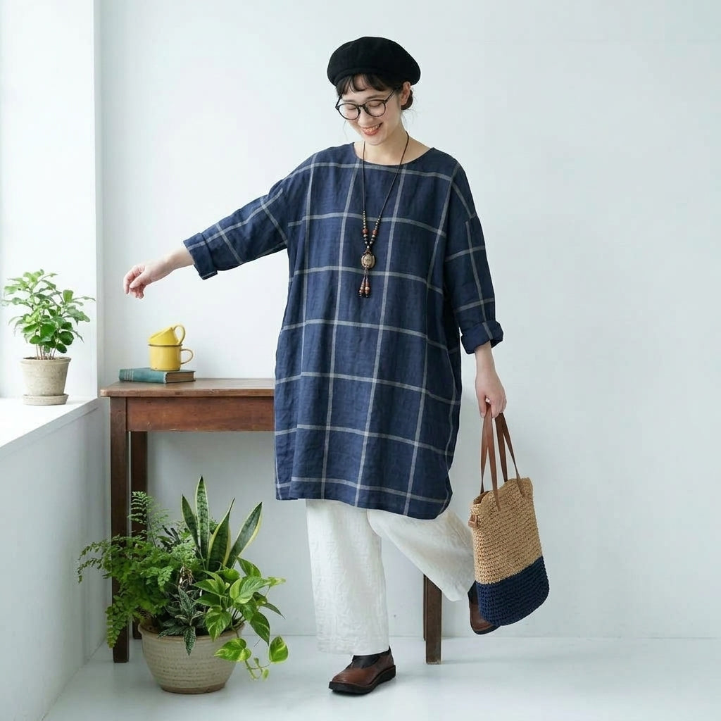 M-4XL コットン ポケット付き チェック柄  長袖ワンピース M ダークブルー