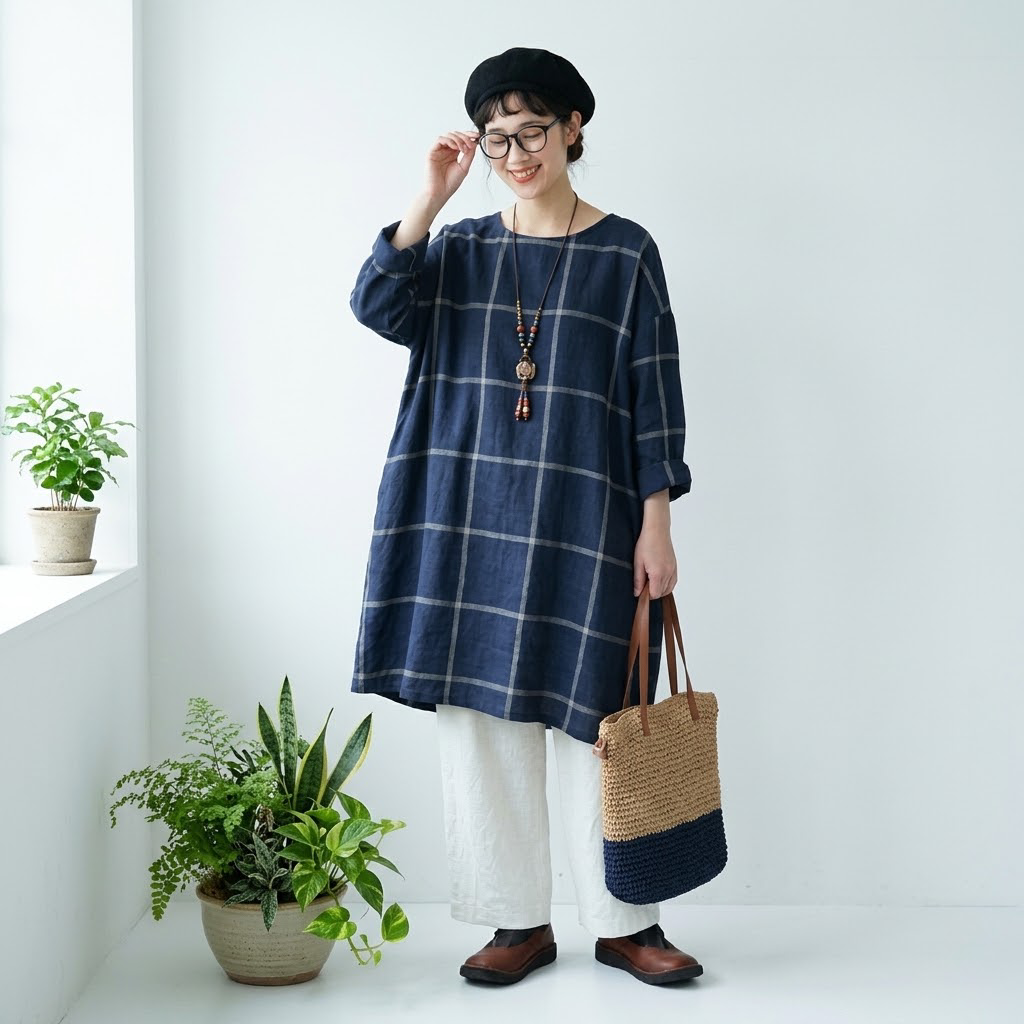 M-4XL コットン ポケット付き チェック柄  長袖ワンピース 4XL ダークブルー
