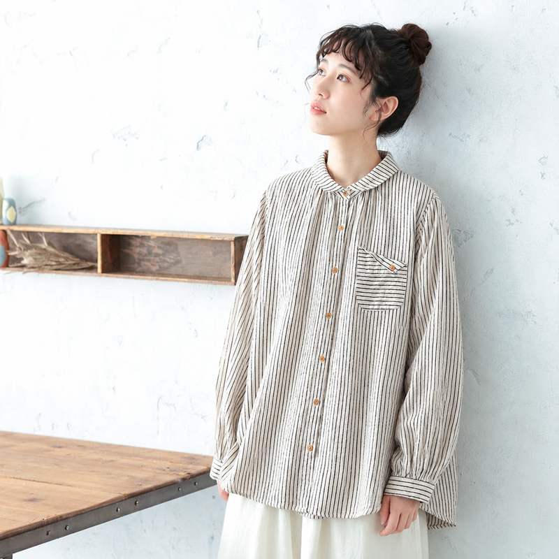 M-2XL ストライプ柄 大人向け 長袖 シャツ M ホワイト