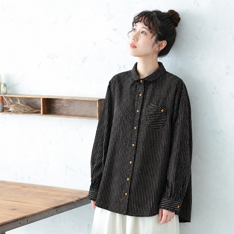 M-2XL ストライプ柄 大人向け 長袖 シャツ M ホワイト