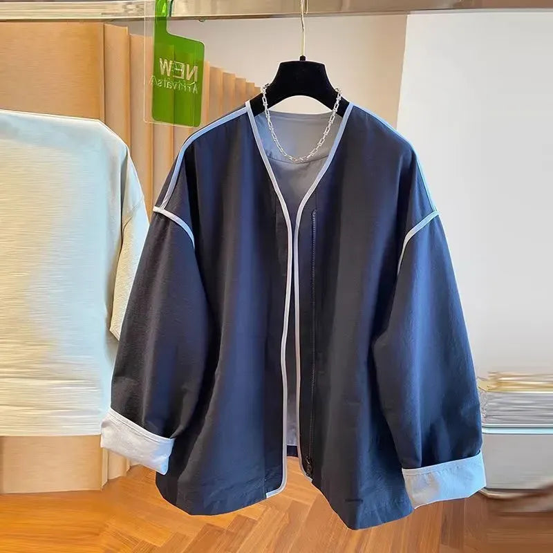 M-4XL 人気を獲得♡ 落ち肩スリーブ 長袖 無地 配色 ジャケット M ネイビー