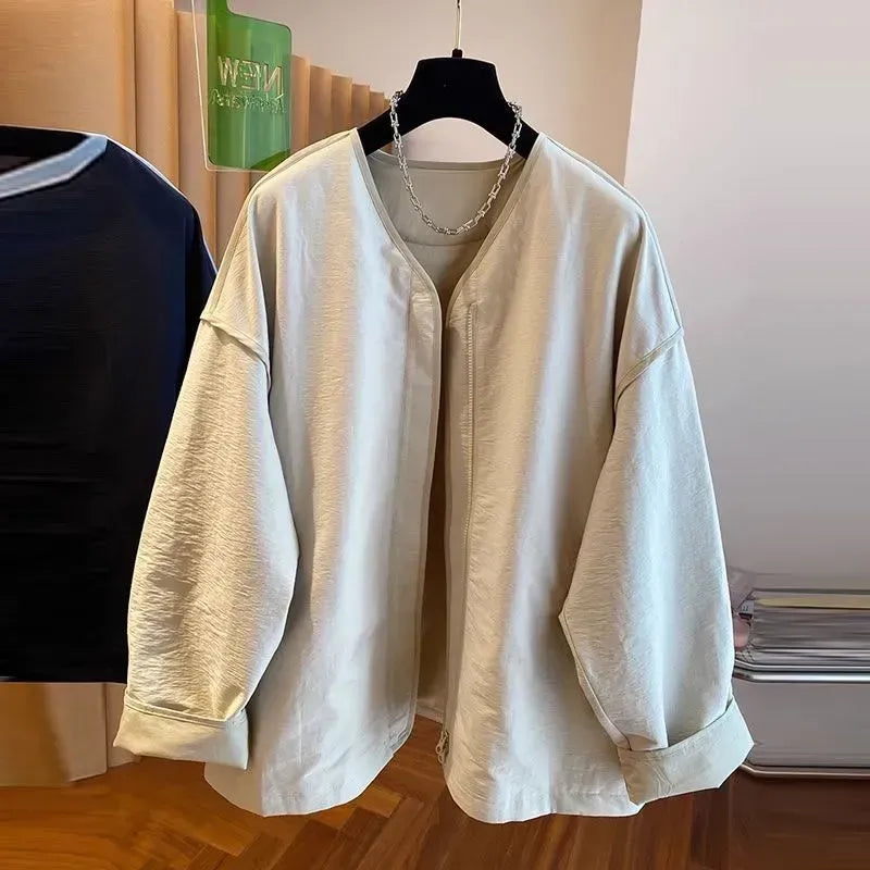 M-4XL 人気を獲得♡ 落ち肩スリーブ 長袖 無地 配色 ジャケット M ネイビー