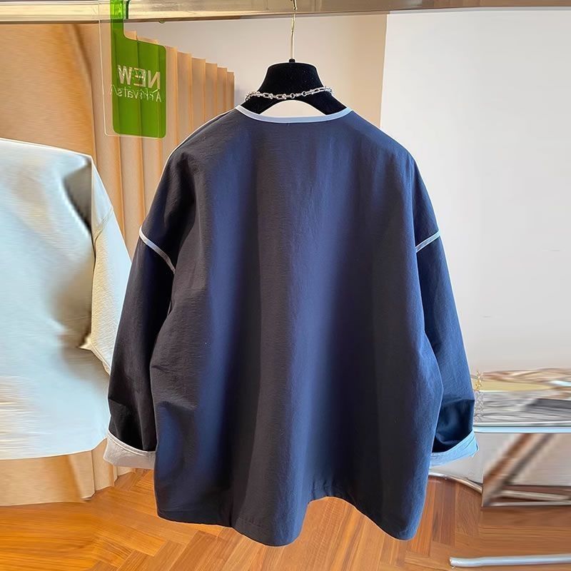 M-4XL 人気を獲得♡ 落ち肩スリーブ 長袖 無地 配色 ジャケット M ネイビー
