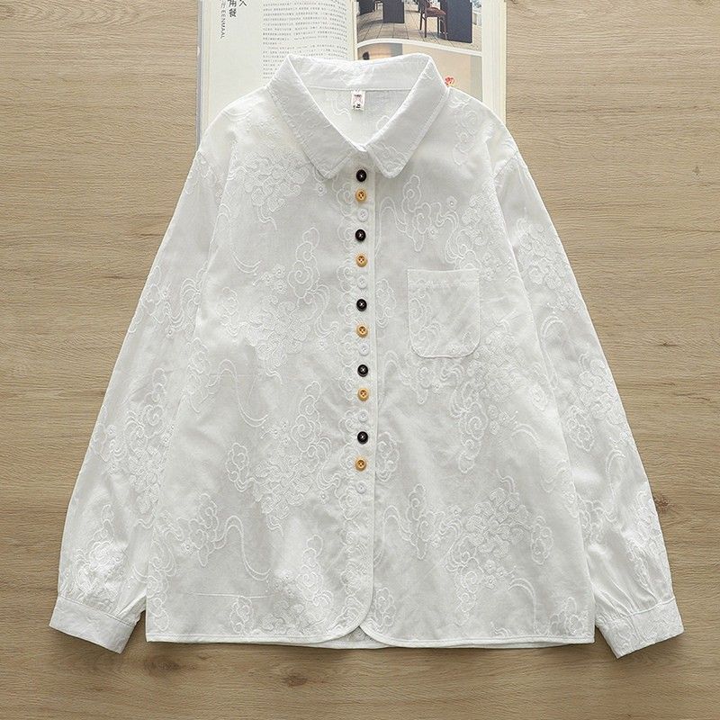 M-2XL コットン 刺繍 落ち着いたカラー 長く着られる 長袖 シャツ M ライトベージュ