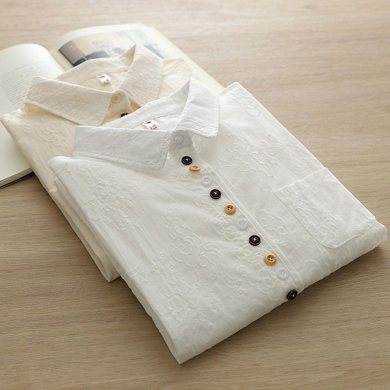 M-2XL コットン 刺繍 落ち着いたカラー 長く着られる 長袖 シャツ M ライトベージュ