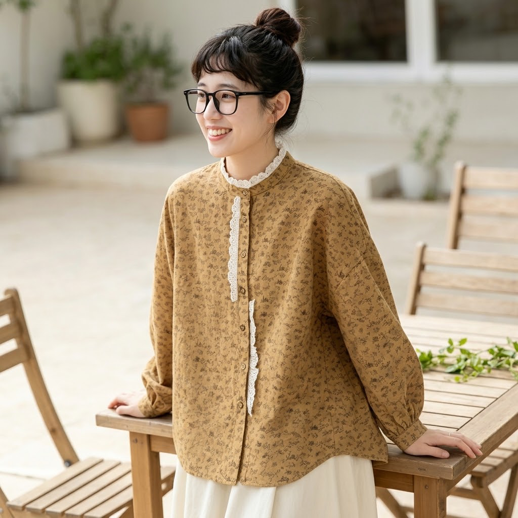 トレンドを先取り♪ 花柄 スウィート 切り替え レース 長袖 シャツ フリー イエロー