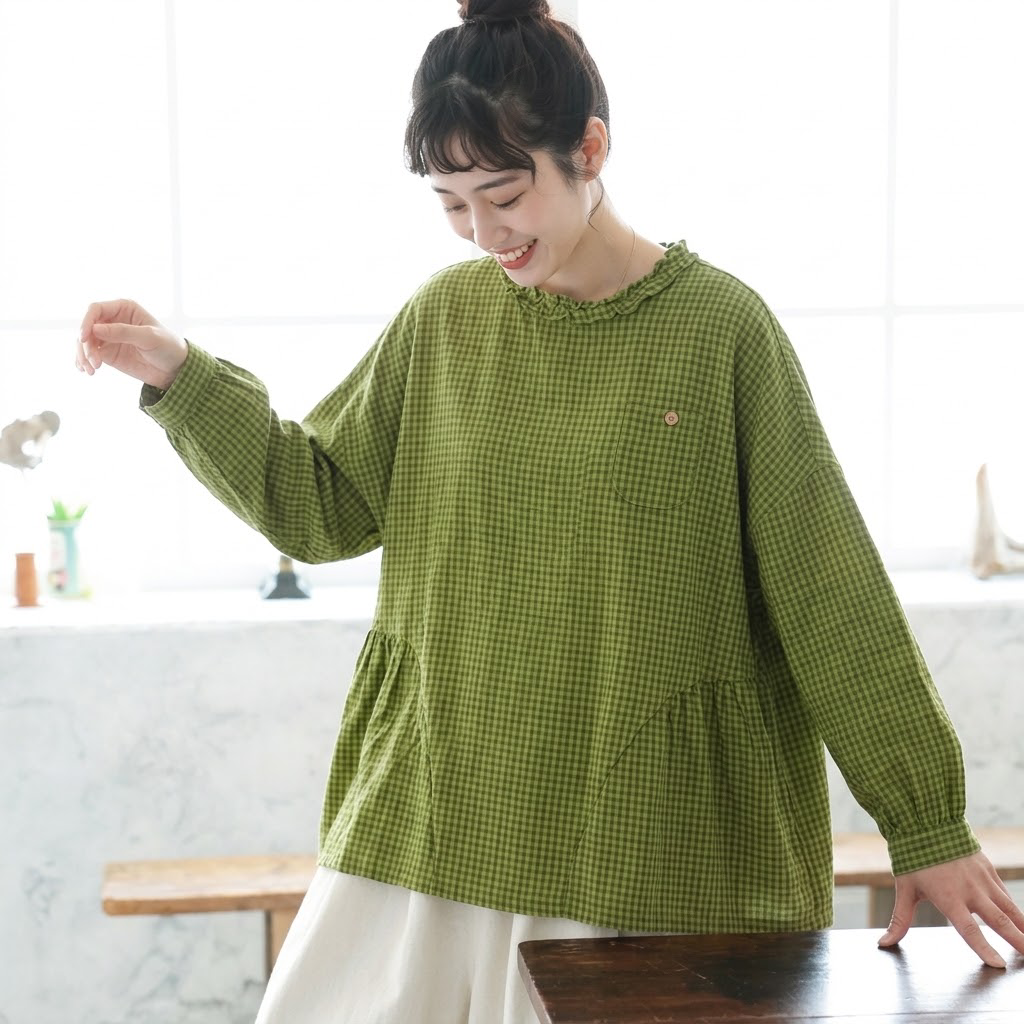 チェック柄 フリルカラー 森ガール 長袖 シャツ フリー グリーン