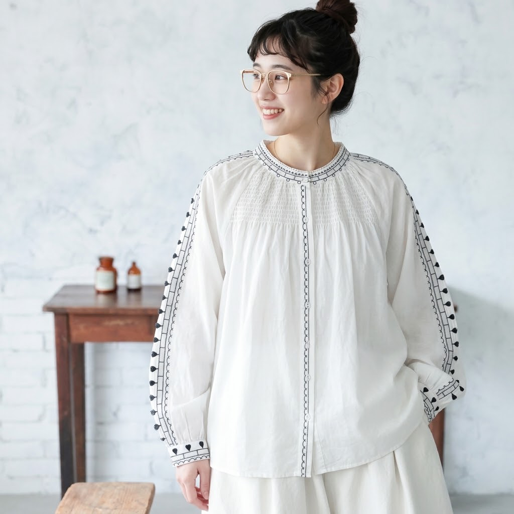大人可愛い 刺繍 ボタン 長袖 森ガール シャツ フリー ホワイト