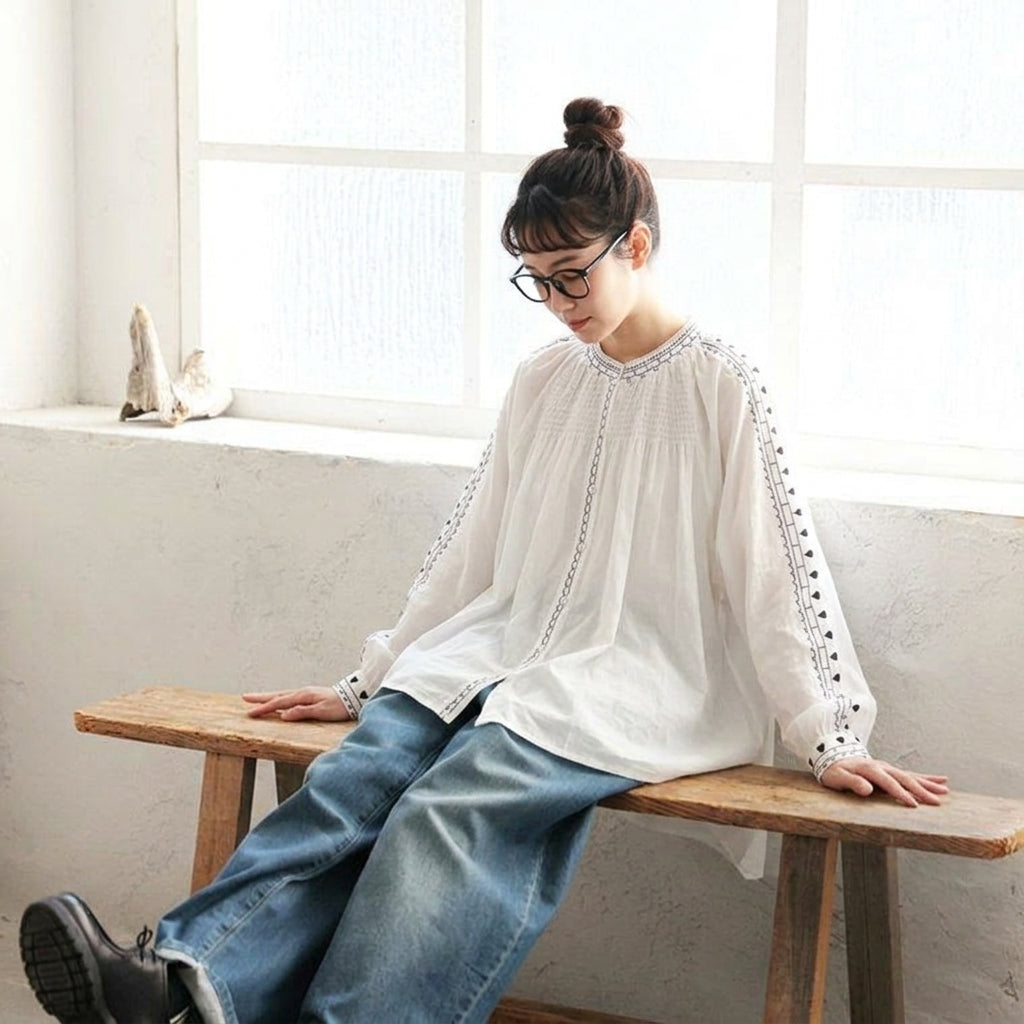 大人可愛い 刺繍 ボタン 長袖 森ガール シャツ フリー ホワイト