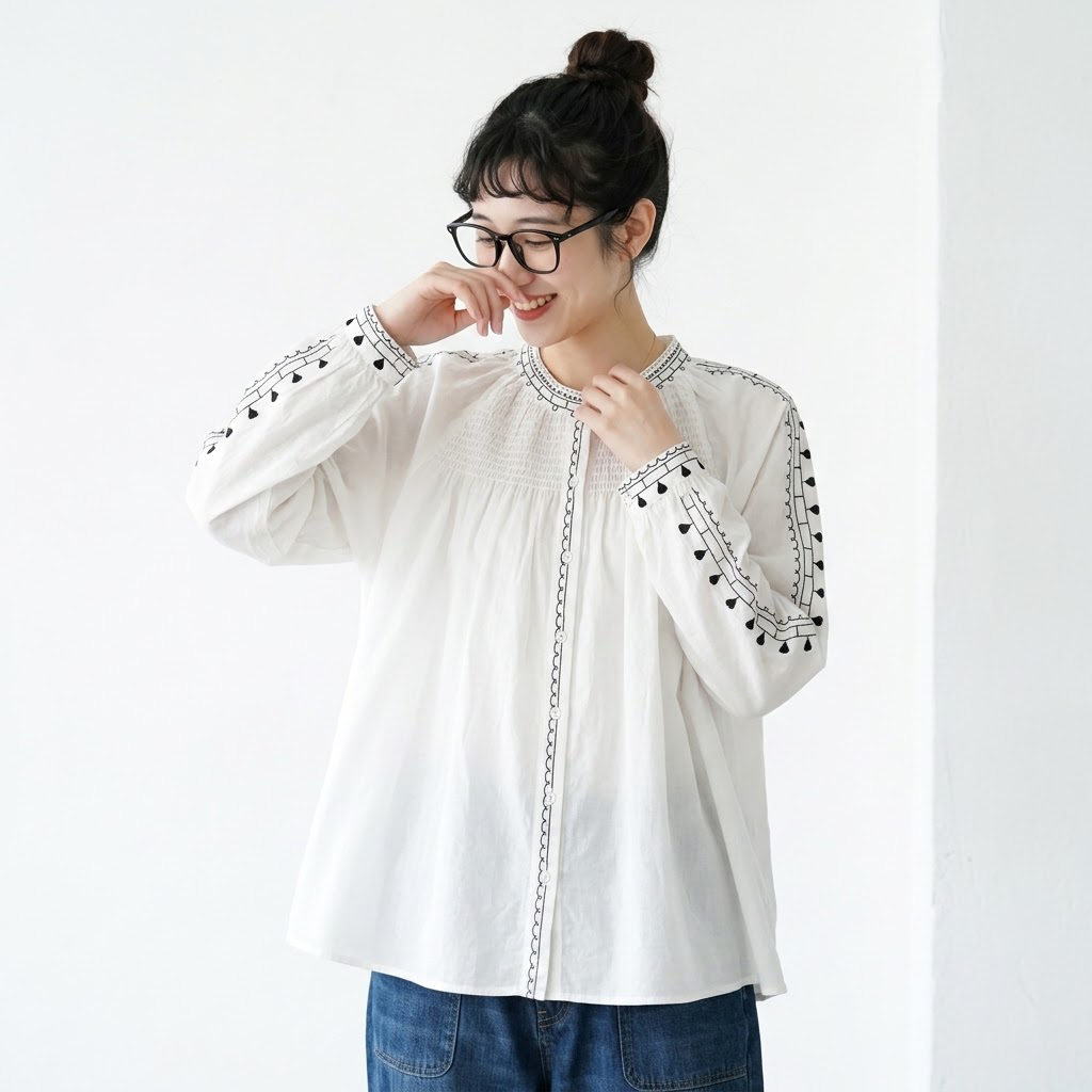 大人可愛い 刺繍 ボタン 長袖 森ガール シャツ フリー ホワイト