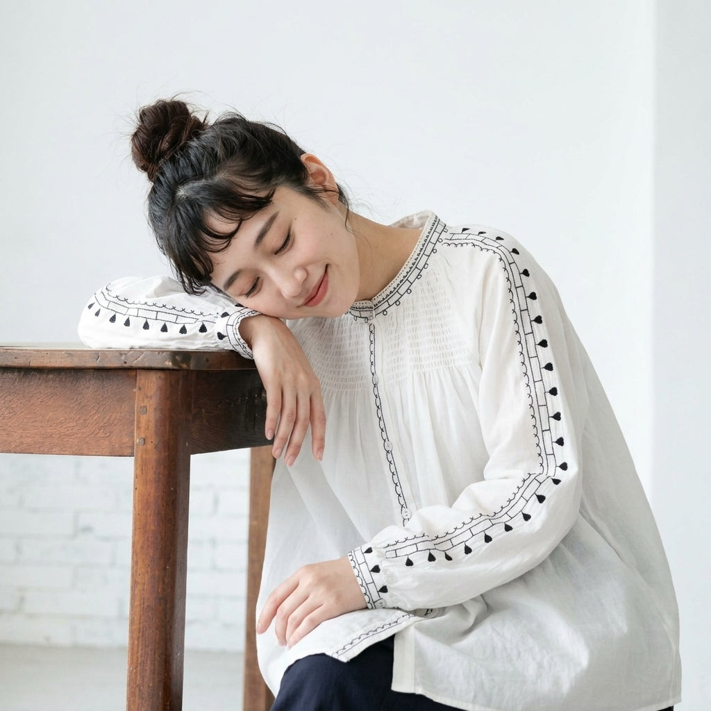 大人可愛い 刺繍 ボタン 長袖 森ガール シャツ フリー ホワイト