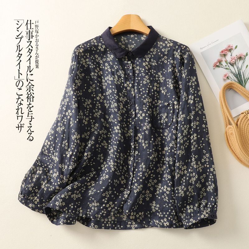 M-2XL リネン プリント 総柄 長袖 花柄 シンプル シャツ 2XL 小花柄