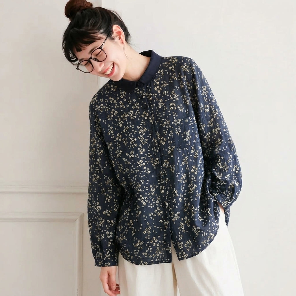 M-2XL リネン プリント 総柄 長袖 花柄 シンプル シャツ M 小花柄