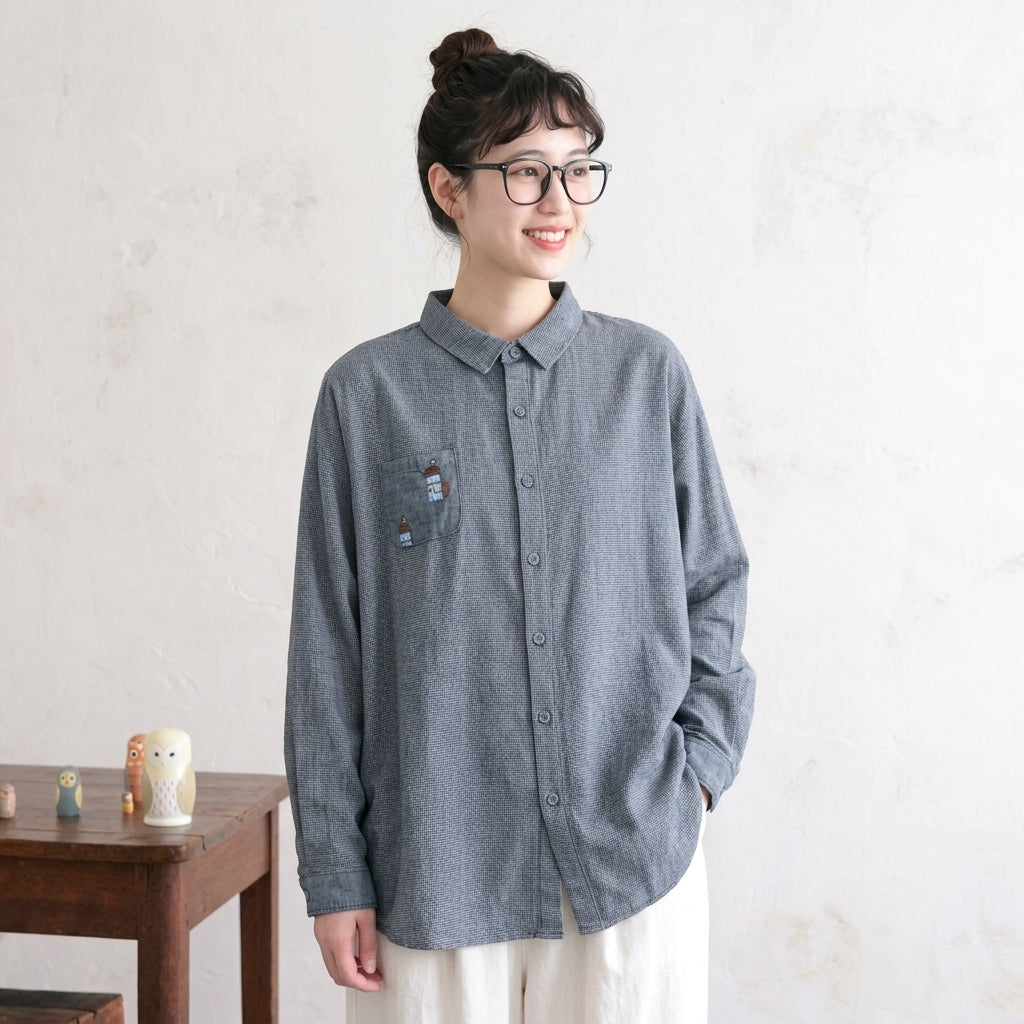 M-L 新品殺到 刺繍 千鳥格子 長袖 花模様 森ガール シャツ M フラワータイプ