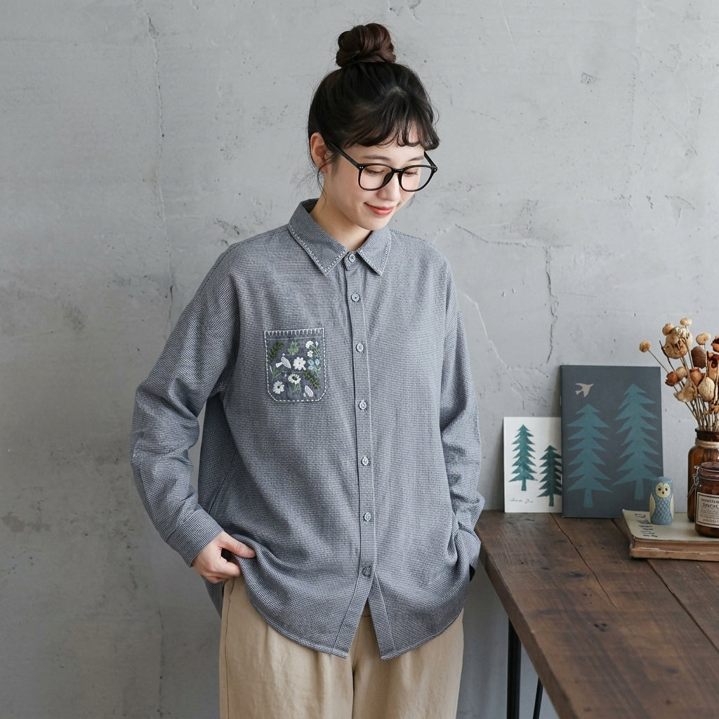 M-L 新品殺到 刺繍 千鳥格子 長袖 花模様 森ガール シャツ M フラワータイプ