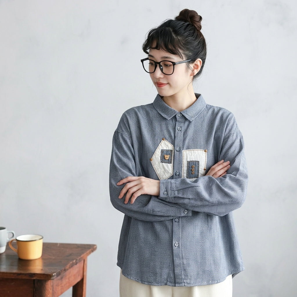 M-L 売り切れ必至 千鳥格子 切り替え アップリケ 長袖 ファッション 折り襟 シャツ L グレー