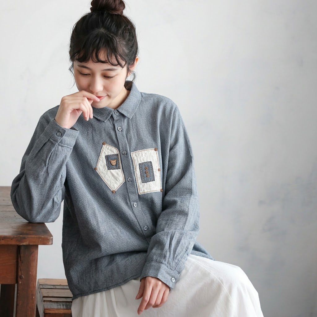 M-L 売り切れ必至 千鳥格子 切り替え アップリケ 長袖 ファッション 折り襟 シャツ M グレー