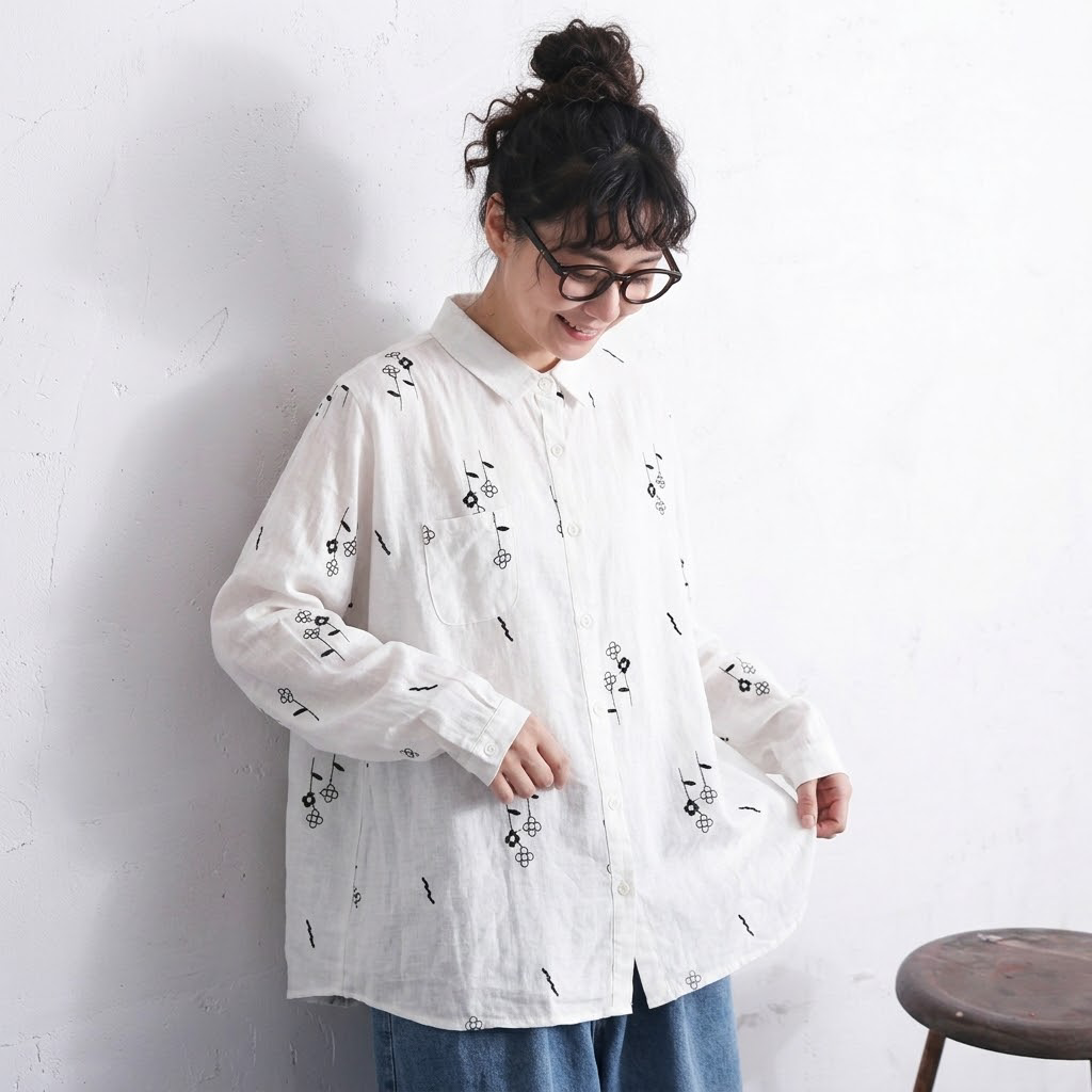 M-L 絶対欲しい 刺繍 長袖 折り襟 森ガール シャツ L ホワイト