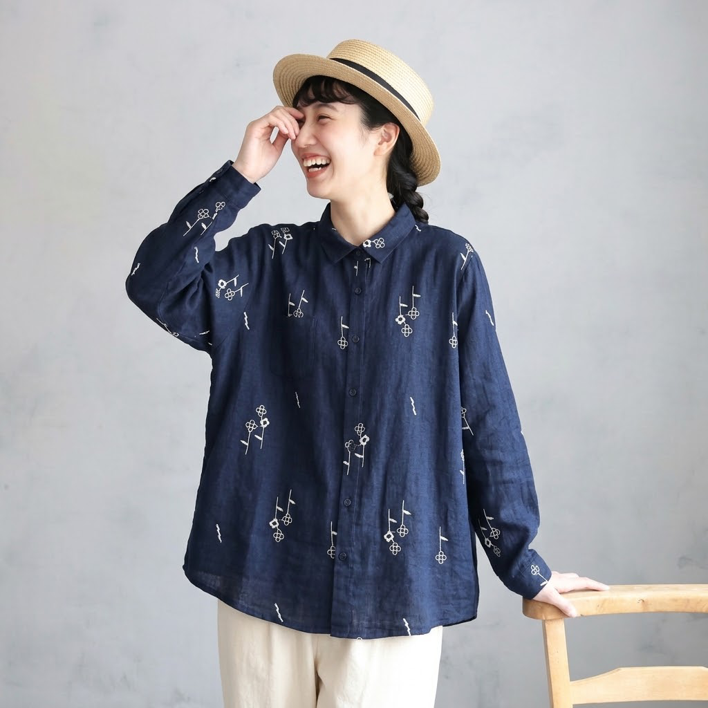 M-L 絶対欲しい 刺繍 長袖 折り襟 森ガール シャツ M ホワイト