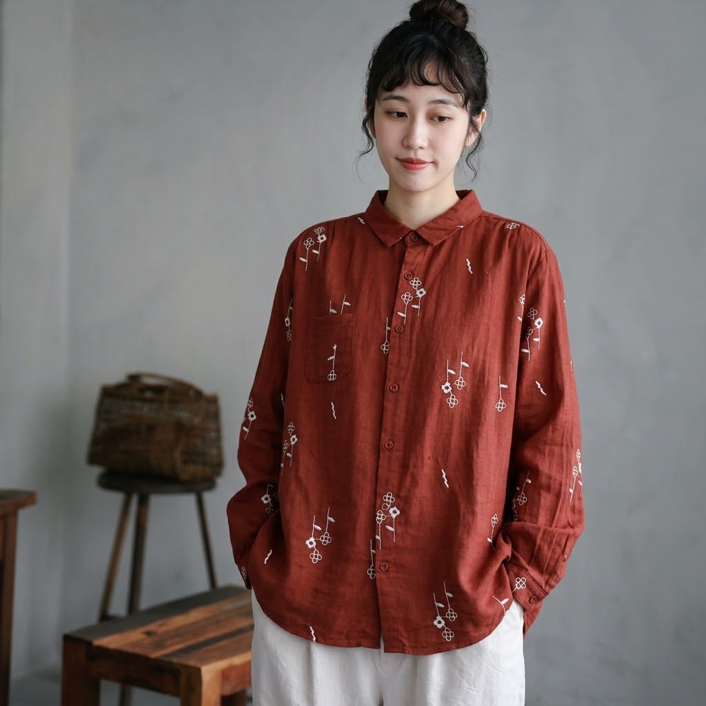 M-L 絶対欲しい 刺繍 長袖 折り襟 森ガール シャツ M ホワイト