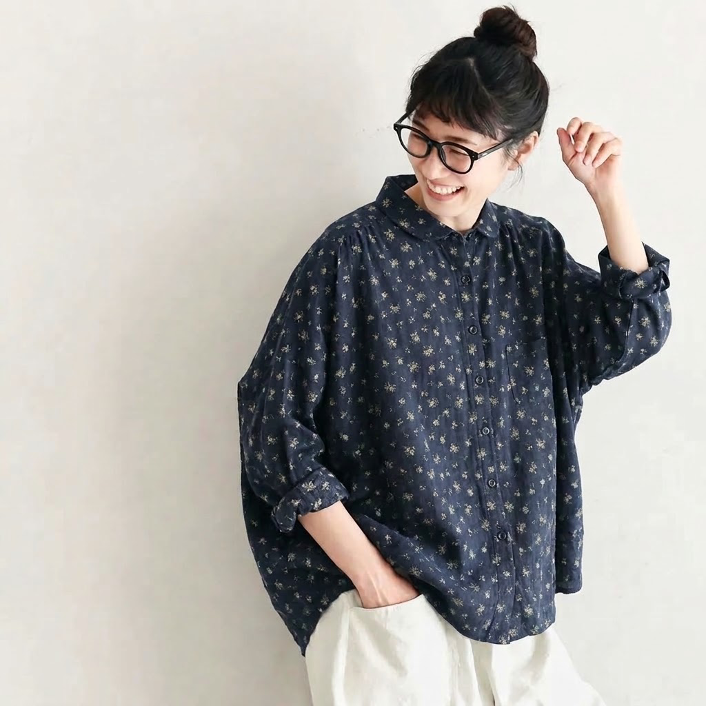 F ダブルガーゼ いつもの服に 花を咲かせるブラウス フリー ダークグレー