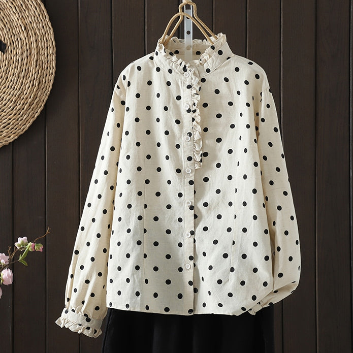 M-2XL ドット柄 レトロ フリル 長袖 シングルブレスト シャツ 2XL 写真と同じ