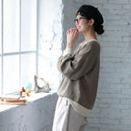 M-L 配色 ドルマンスリーブ ファッション ラウンドネック 長袖 Tシャツ M グレー